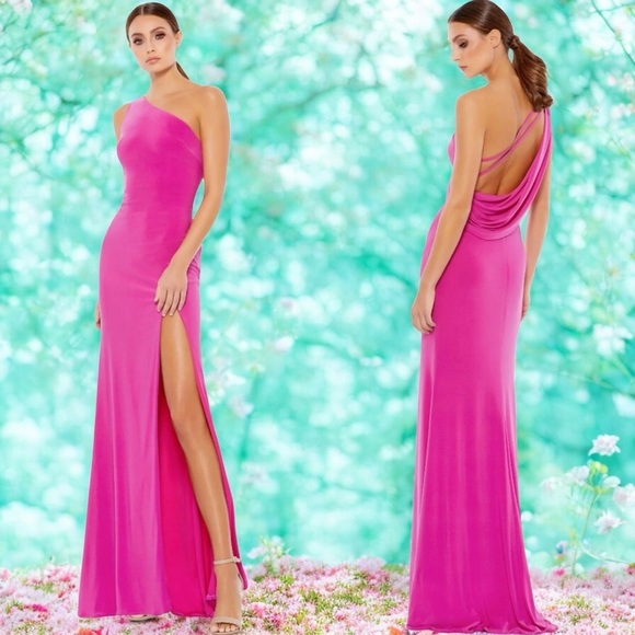 NWT IEENA for Mac Duggal ‘Jersey One Shoulder Draped Back Gown’ in Candy Pink 10 - Picture 1 of 16
